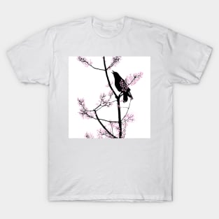 Cherry Blossom Raven - Bird on a Tree Branch T-Shirt